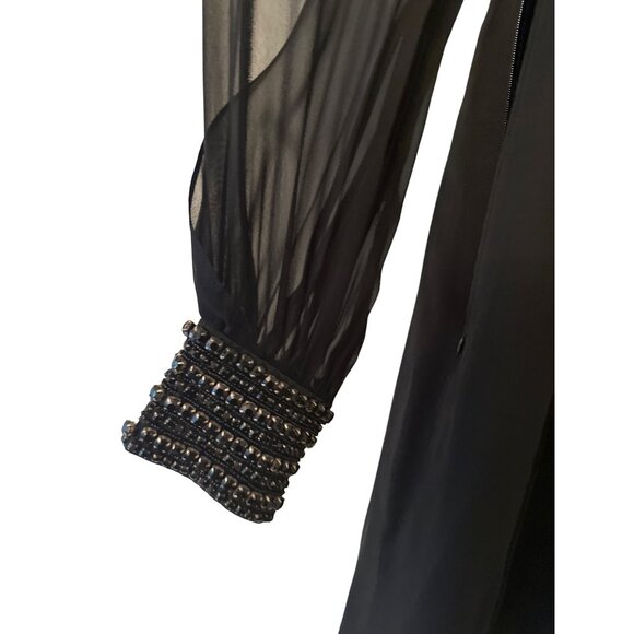 Trina Turk Black Chiffon Dress With Beaded Cuffs & Sheer Sleeves Size 6 - Picture 5 of 7